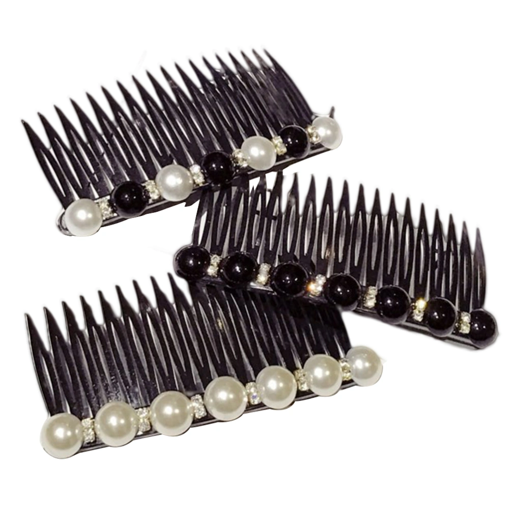 3pcs Handmade Pearl Comb Headdress Rhinestone Decor Contrast Color Comb Headdress for Woman Lady Female (Black, White, Black and White, Each Pattern has 1pcs)