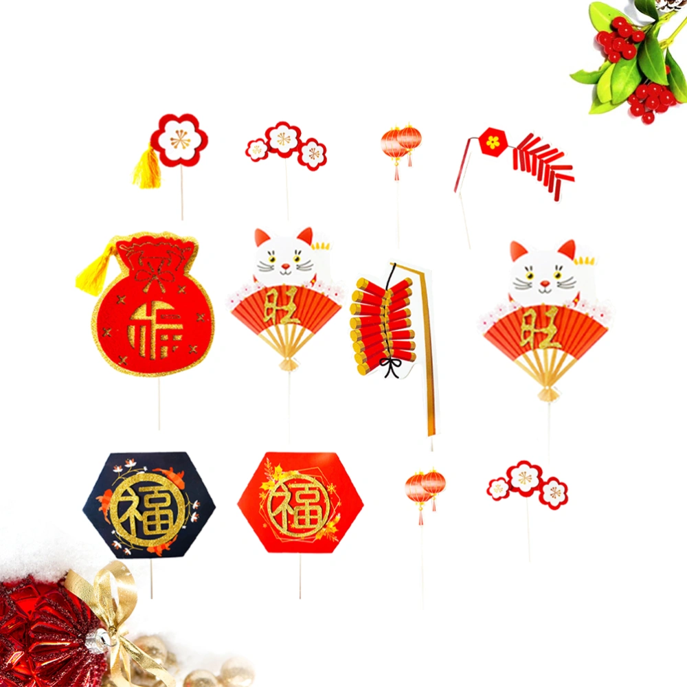 12Pcs Chinese New Year Cake Topper Firecracker Shape Cake Decoration Spring Festival Cake Insertion Ornament for Festive Party Mixed Style