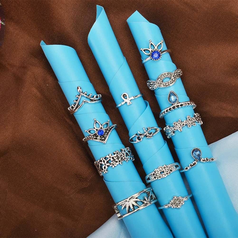 13Pcs Women Rings Sets Stylish Vintage Carved Hollow out Diamante Personality Geometric Bohemian Classic Rings Suit (Silver)