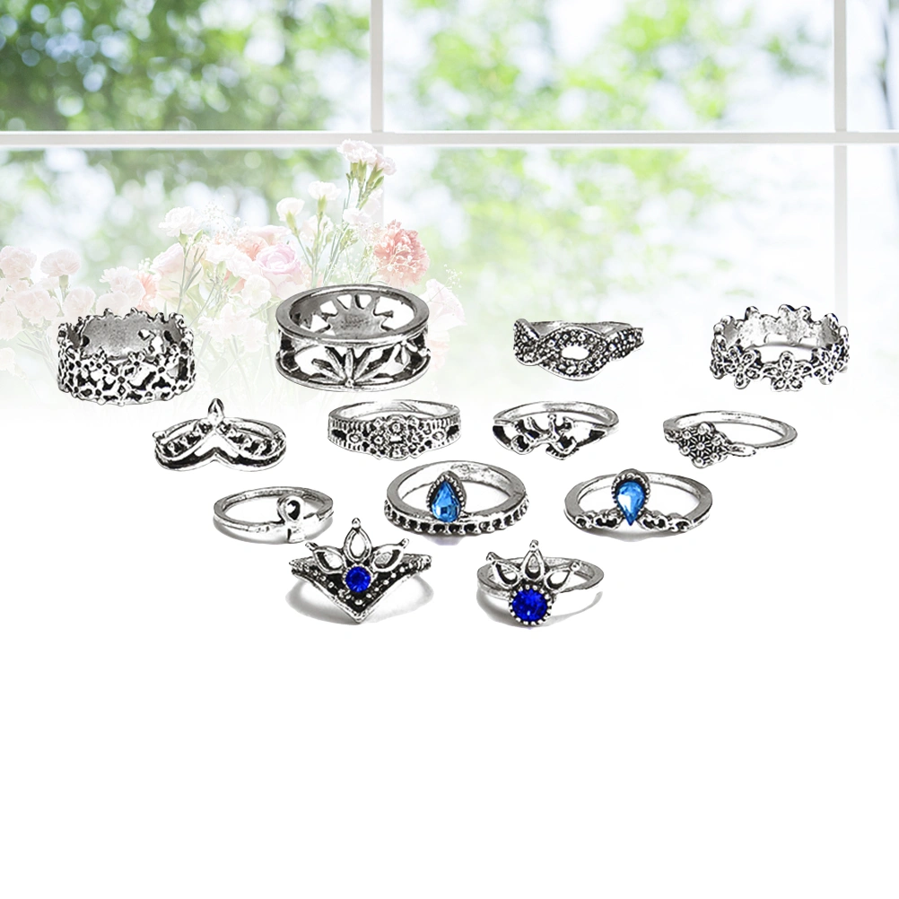 13Pcs Women Rings Sets Stylish Vintage Carved Hollow out Diamante Personality Geometric Bohemian Classic Rings Suit (Silver)