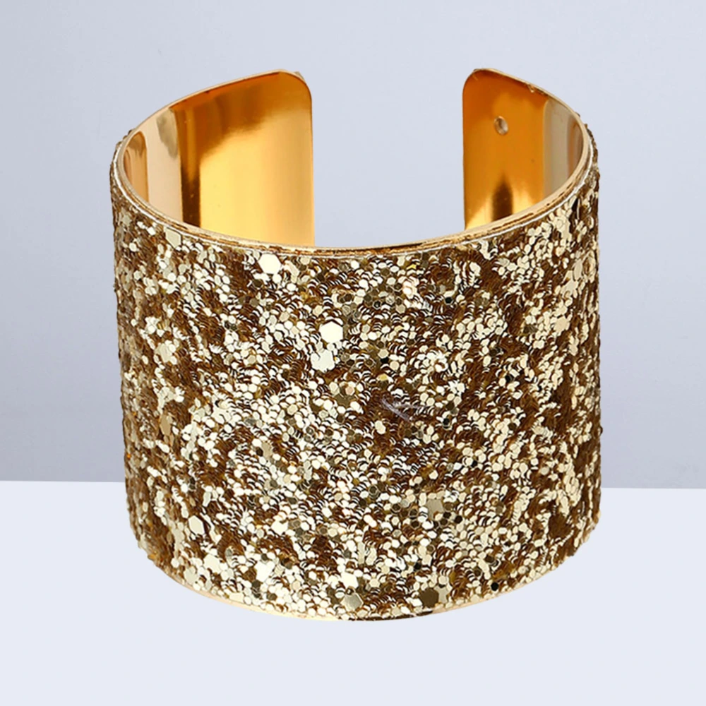 Sequin Cuff Bracelet Wide Open Sparkling Bangle Statement Jewelry (Gold)