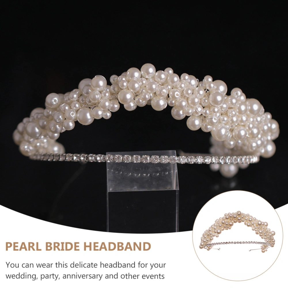 Wedding Hairband Double-deck Pearl Hairband for Women Rhinestone Bride Headband