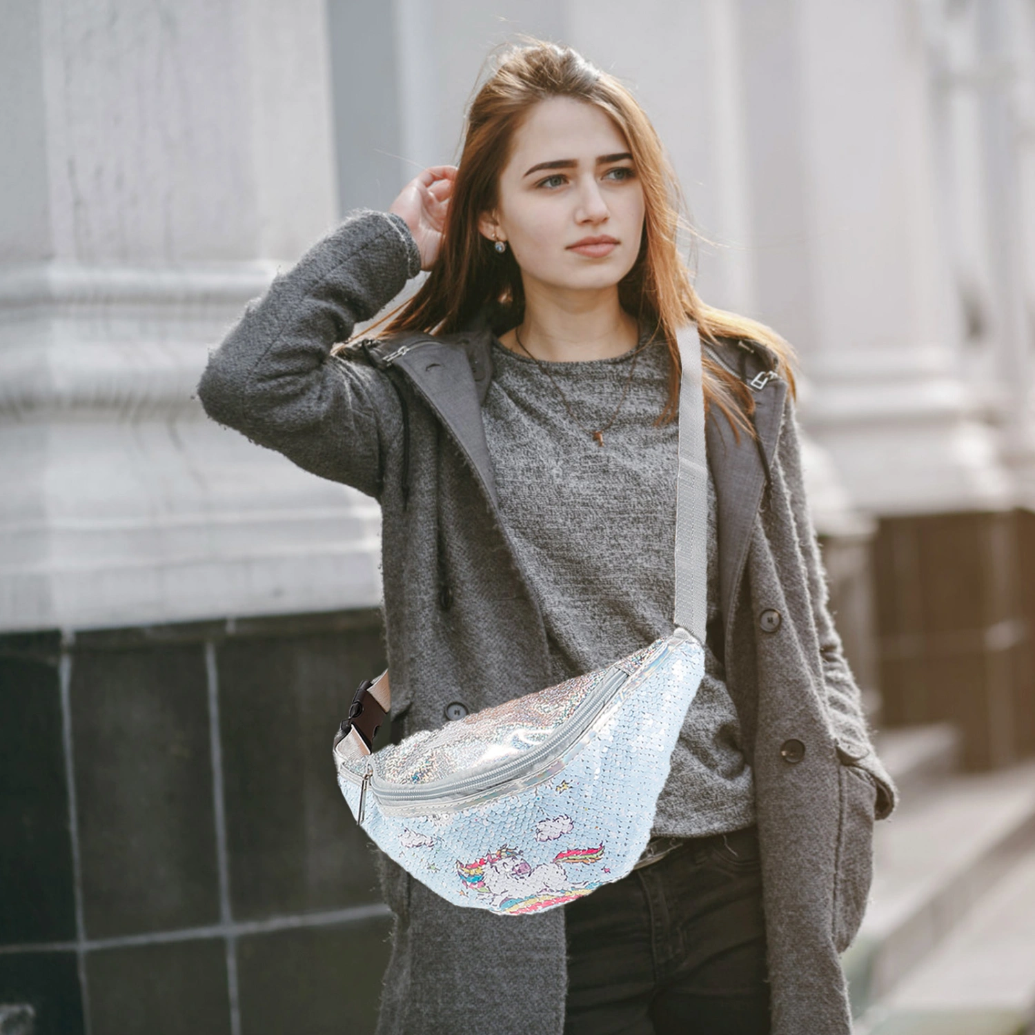 Colorful Unicorn Crossbody Bag Fashion Cartoon Waist Pack PU Shiny Shoulder Bag Delicate Sequin Girls Waist Bag for Shopping