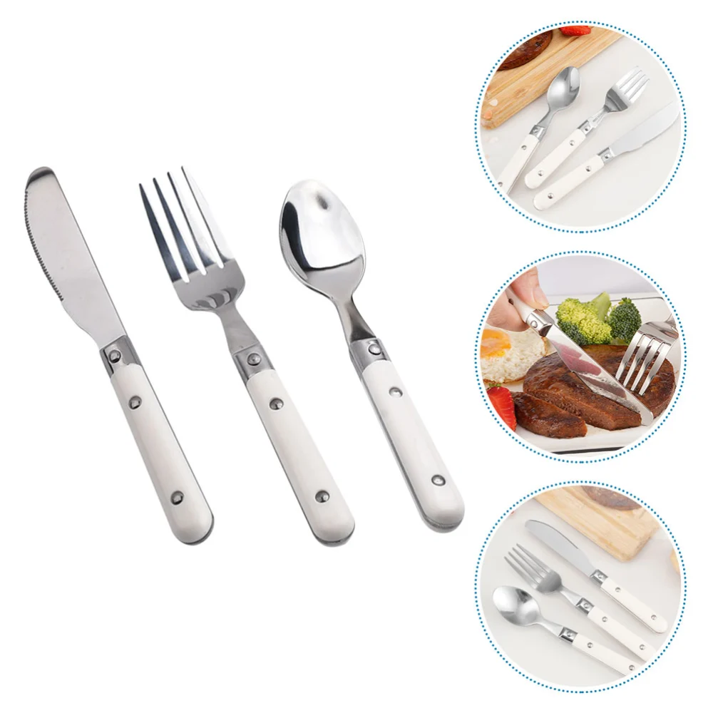 3Pcs  Stainless Steel Kids Tableware Spoon Fork Cutter Set Home Tableware (White)