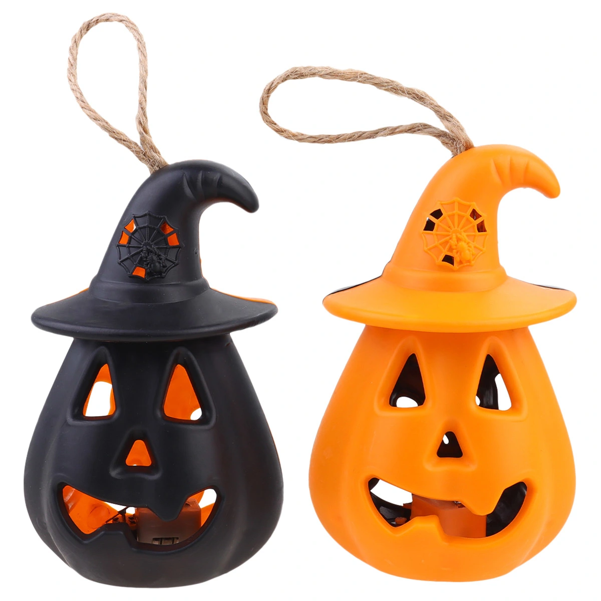 2Pcs Plastic Halloween Pumpkin Candle-like Lamp All-saints Day Ornament Halloween Pumpkin Decoration (Black and Orange)