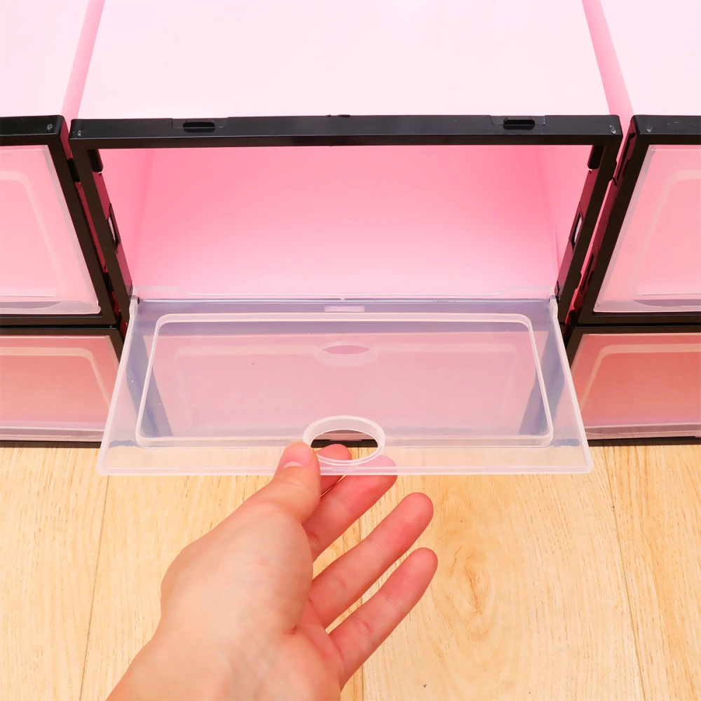 6PCS Thicken Shoes Box Transparent Stackable Shoes Storage Box Plastic Shoe Container (Pink Box with Black Frame for Men)