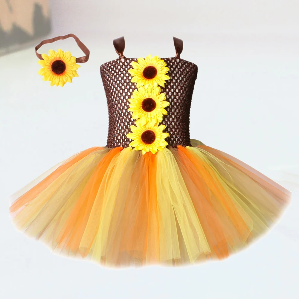 1Pc Creative Sunflower Gauze Children's Dress Halloween Party Scarecrow Costume With Headband for 4-5Y(Assorted Color)