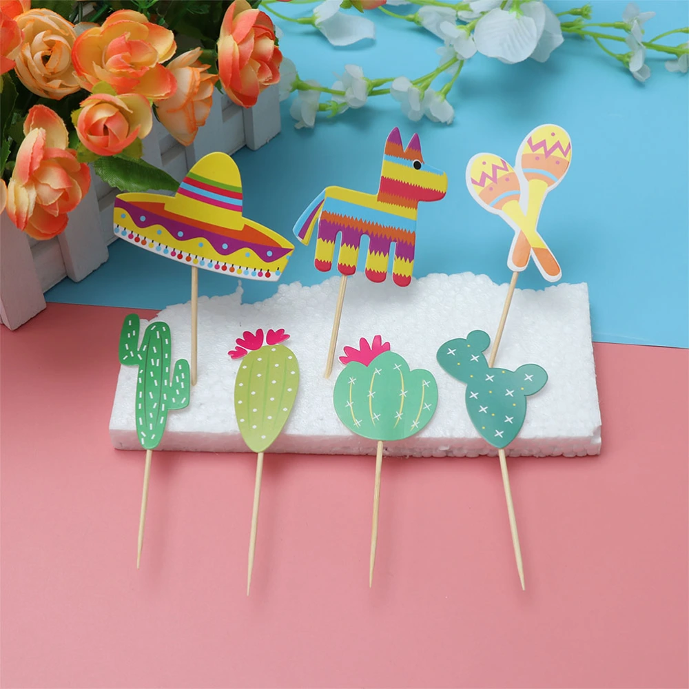 35pcs Mexico Themed Cake Topper Cactus Cake Picks Fruit Picks Cake Ornament Creative Party Decor (Hat Rattle Alpaca + 4 Colors Cactus)