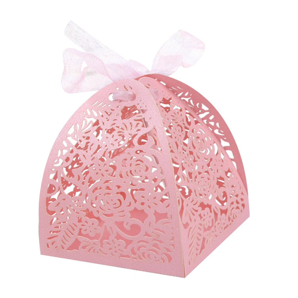 50pcs Rose Hollow Candy Box Custom Rose Design Wedding Sugar Sweet Boxes Elegant Gift Box Wedding Party Supplies (Pink)