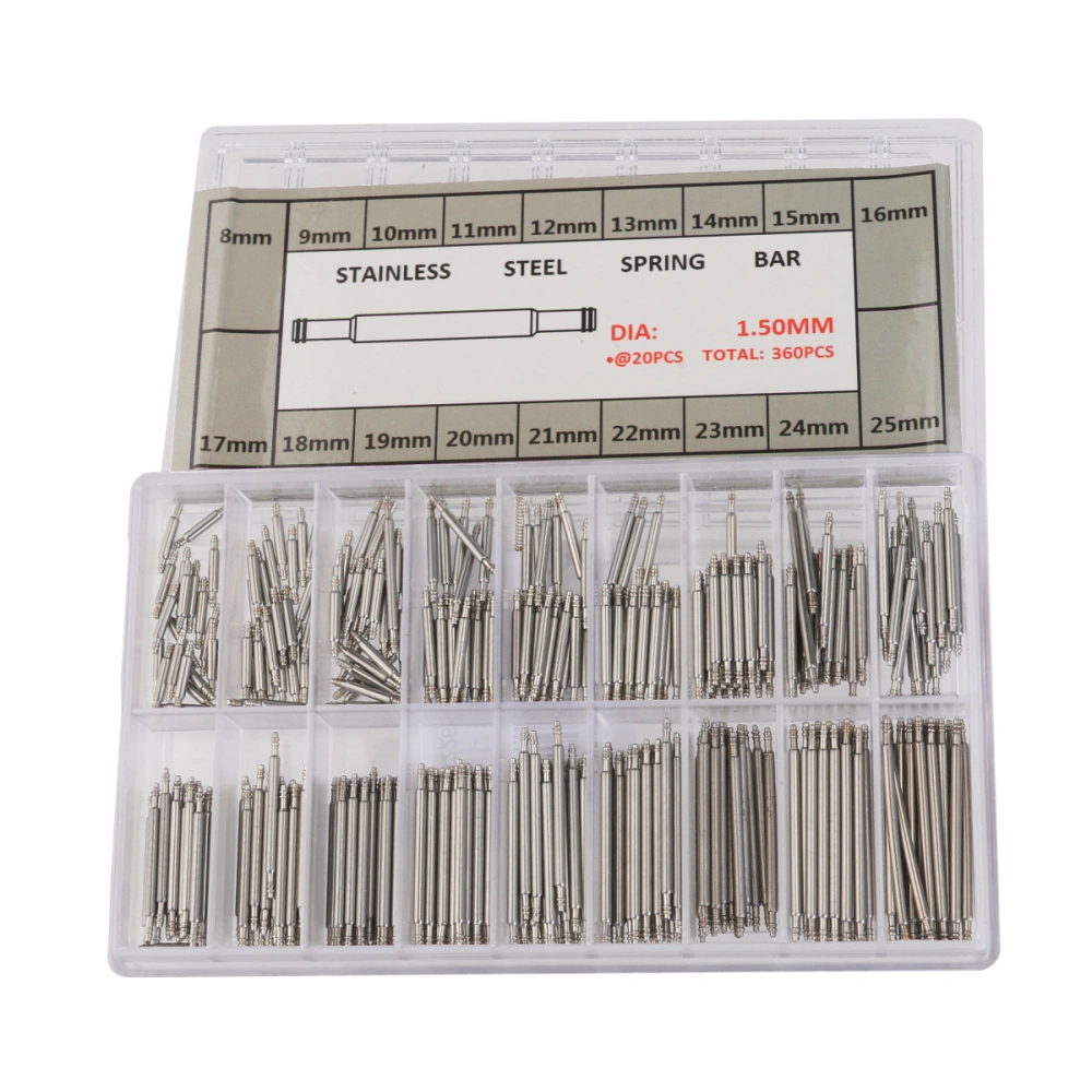 360pcs Stainless Steel Watch Band Strap Link Pin Double Flange Spring Bars in 18 Different Sizes - 8mm-25mm (Silver)