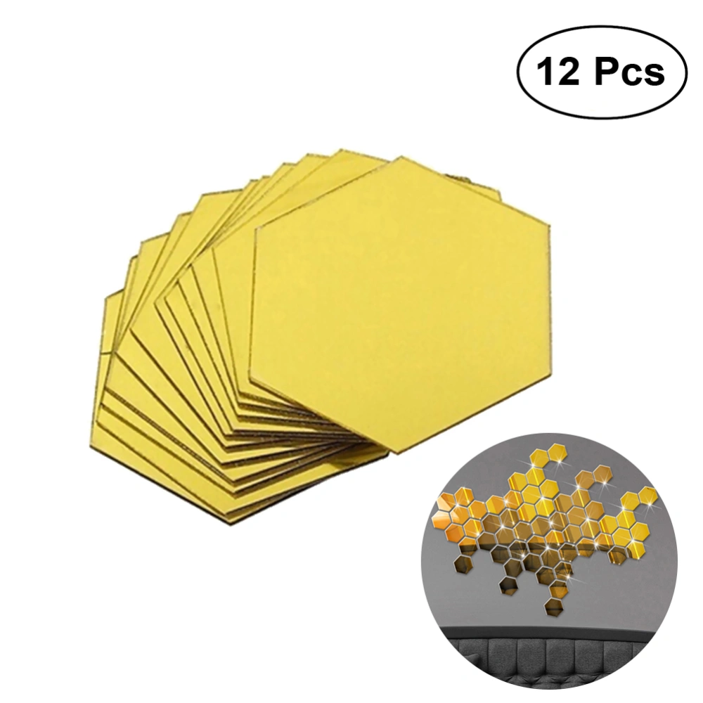 12pcs Hexagonal Acrylic Mirrors Wall Stickers Home Decor Living Room DIY Modern Art Mirror Wall Mural Decoration (Gold)