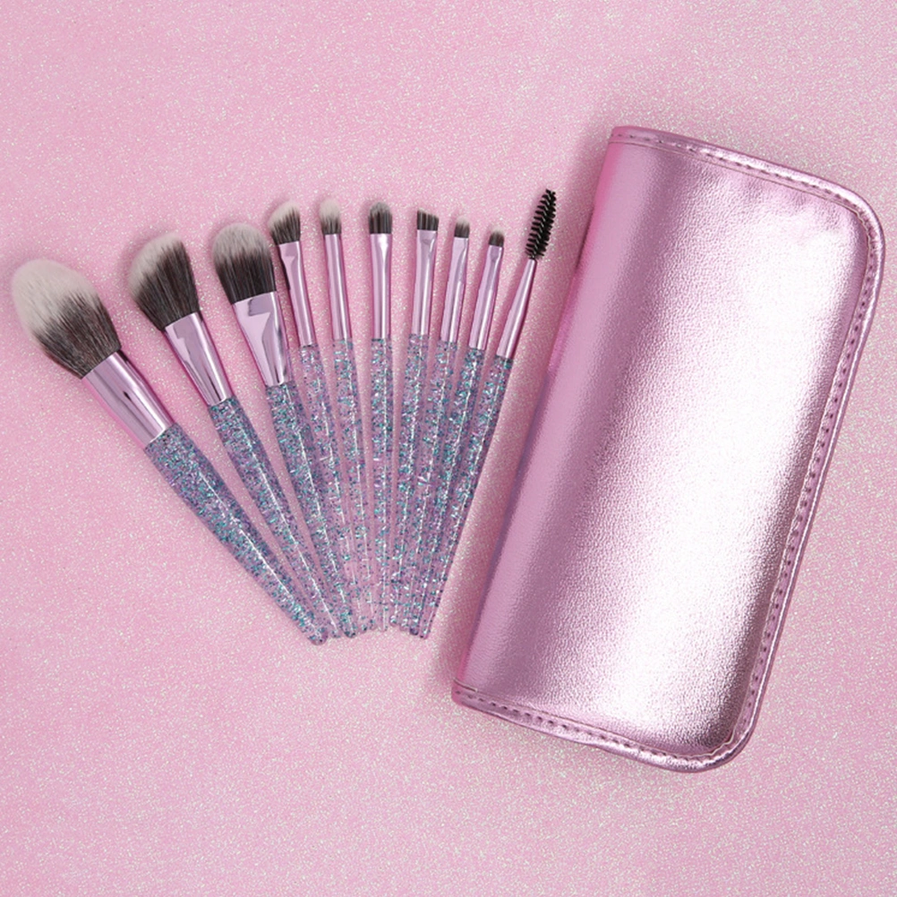 10pcs Unique Handle Makeup Brushes Multi-function Cosmetic Brush Kit Artificial Fiber Brush Set with PU Bag