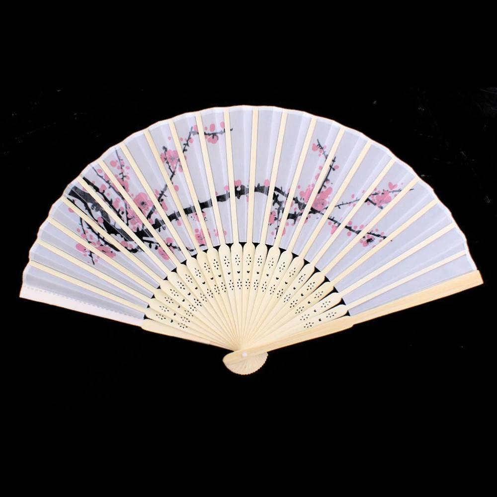 Cloth Fabric Wooden Folding Hand Fan Plum Blossom Pattern