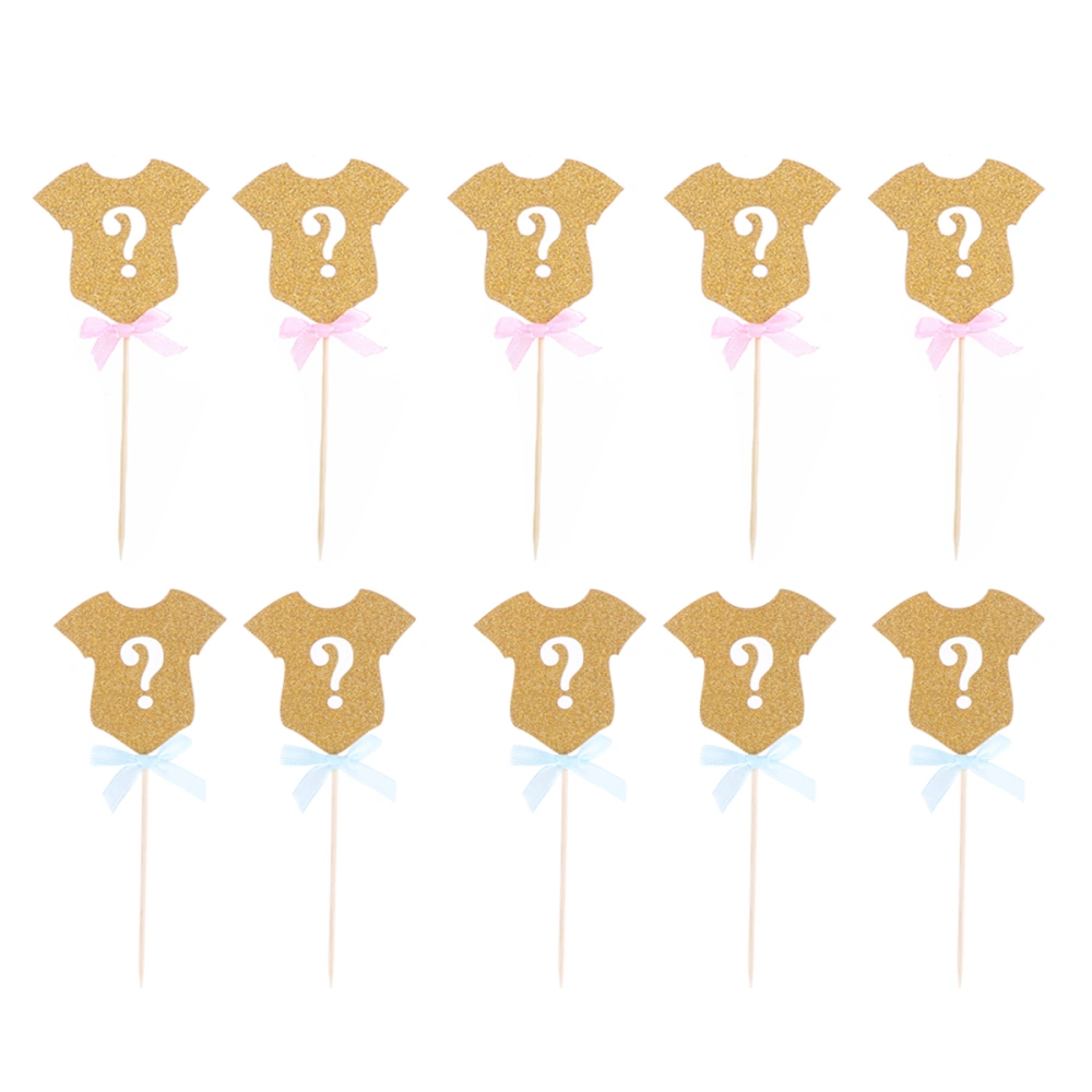 12pcs Clothes Question Mark Golden Glitter Paper Cake Cupcake Toppers Cake Picks for Kids Birthday Party Decoration (Blue Bow+Pink Bow)