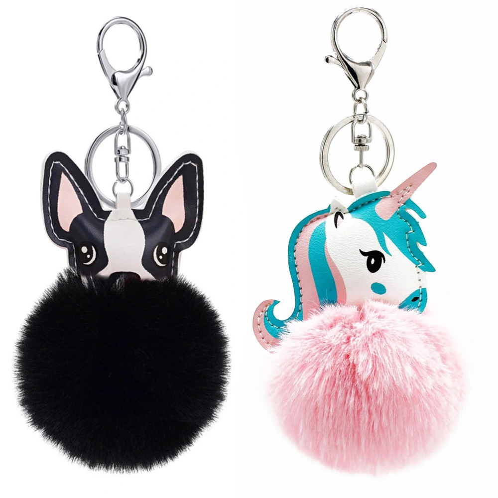 2pcs Hair Ball Pom Pom Keychain Handbag Wallet Backpack Pendant Decoration Charm Keychain Keyring (Dog and Unicorn)