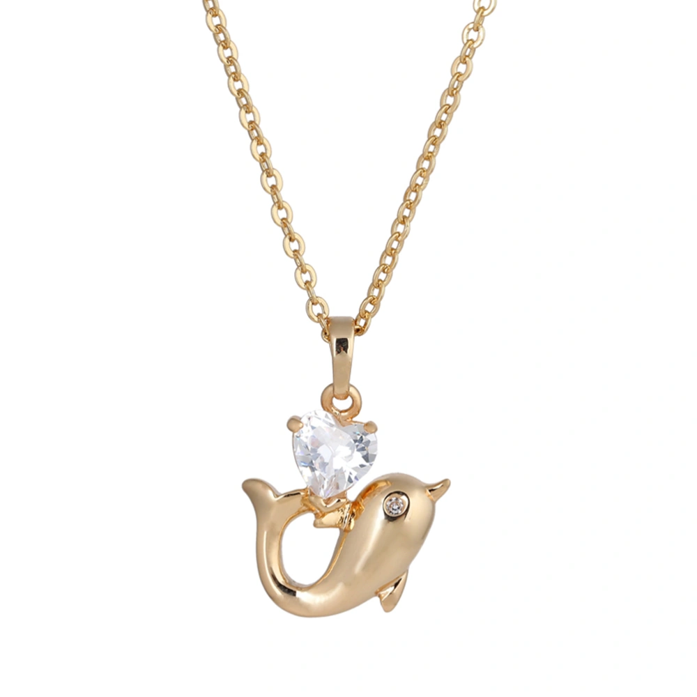 Women Necklace Diamond-encrusted Personality Dolphin Shape Heart Zincon Pierced Delicate Hollow out Necklace (Golden)