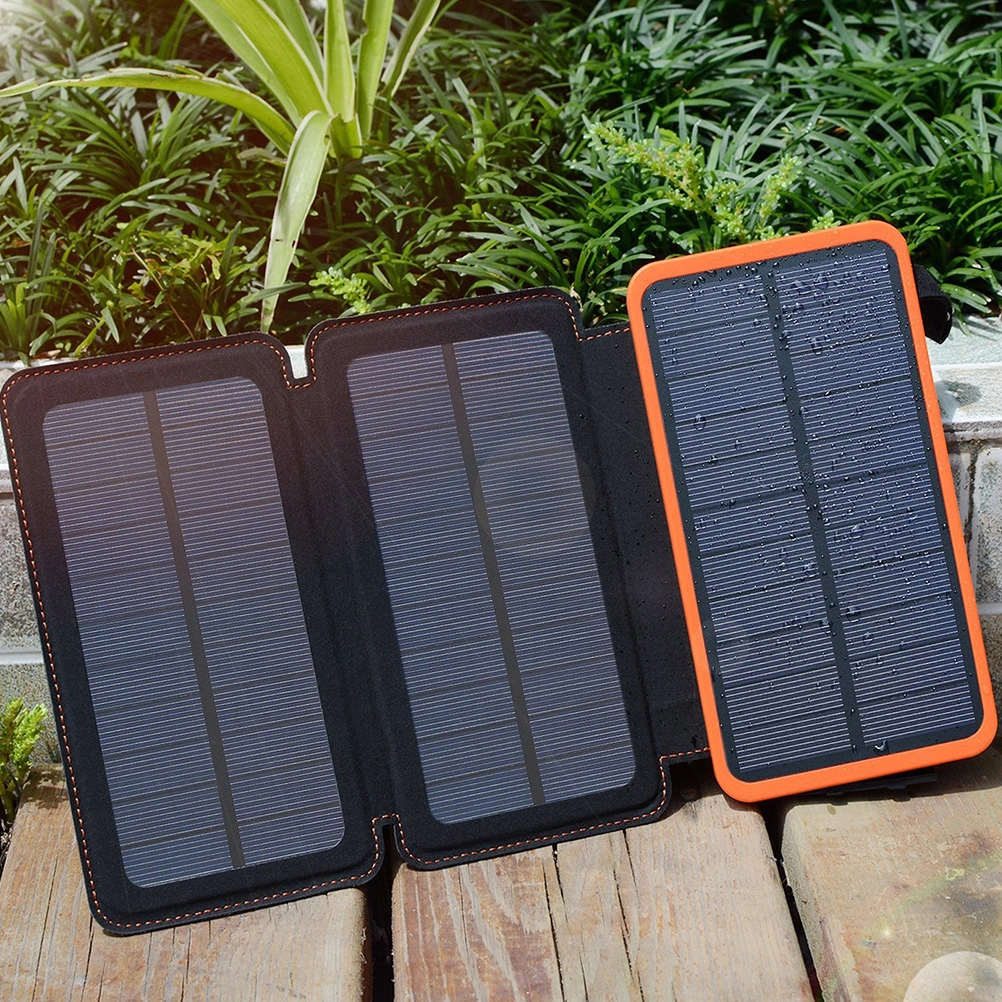 1PC Outdoor Solar Mobile Power Bank 10000mAh Large Capacity Powerbank Multifunction Outdoor Charging Device (Black and Orange)