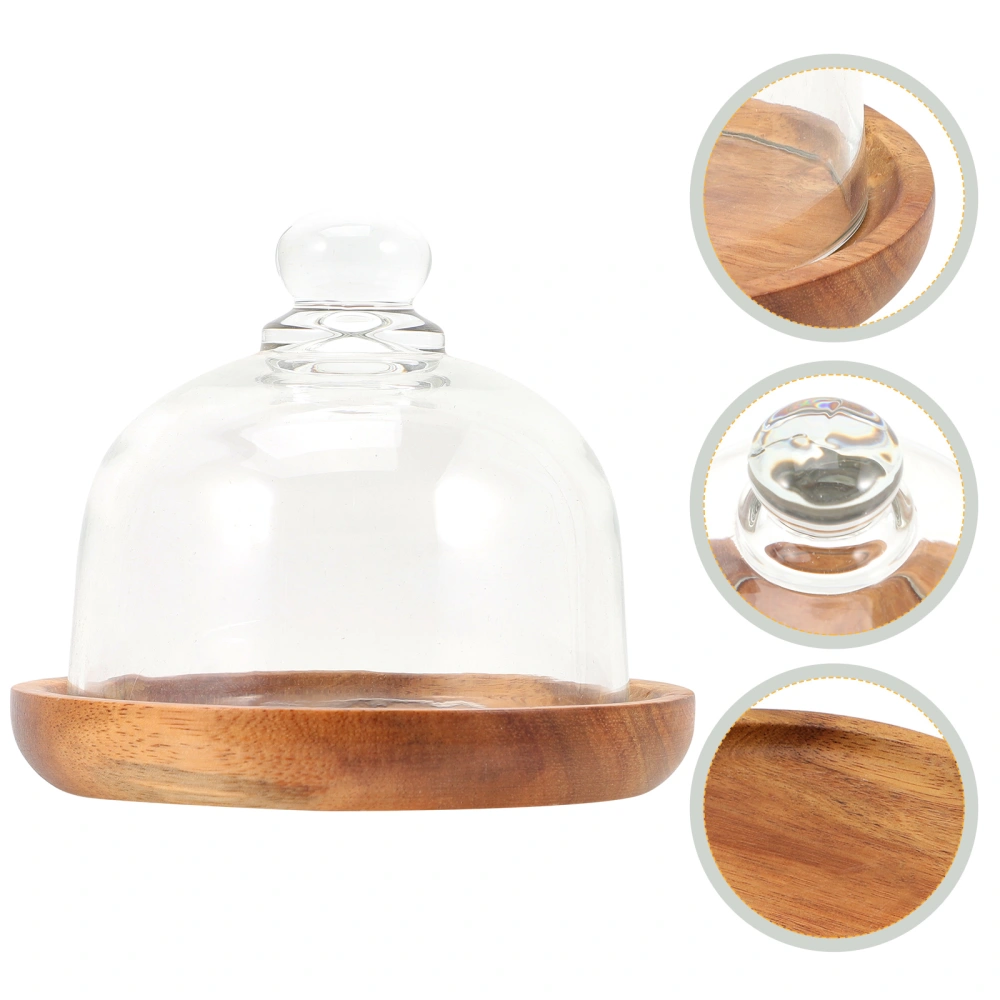  Wood Cake Tray With Glass Lid Clear Glass Dome Round Cover Cake Display Plate Server