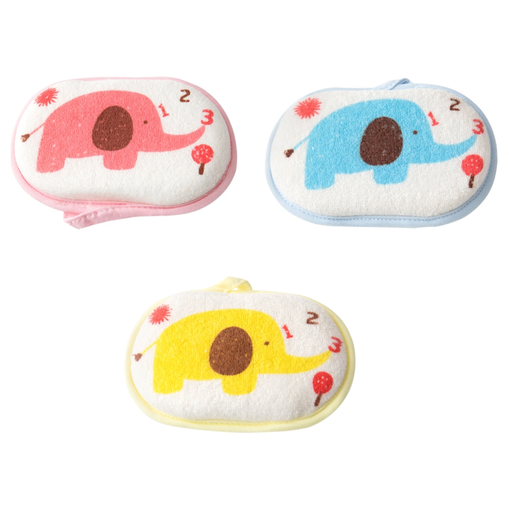 3pcs Bath Sponge Rub Sponges Cartoon Elephant Pattern Design Cushion for Kids Children (Blue, Yellow, Pink)