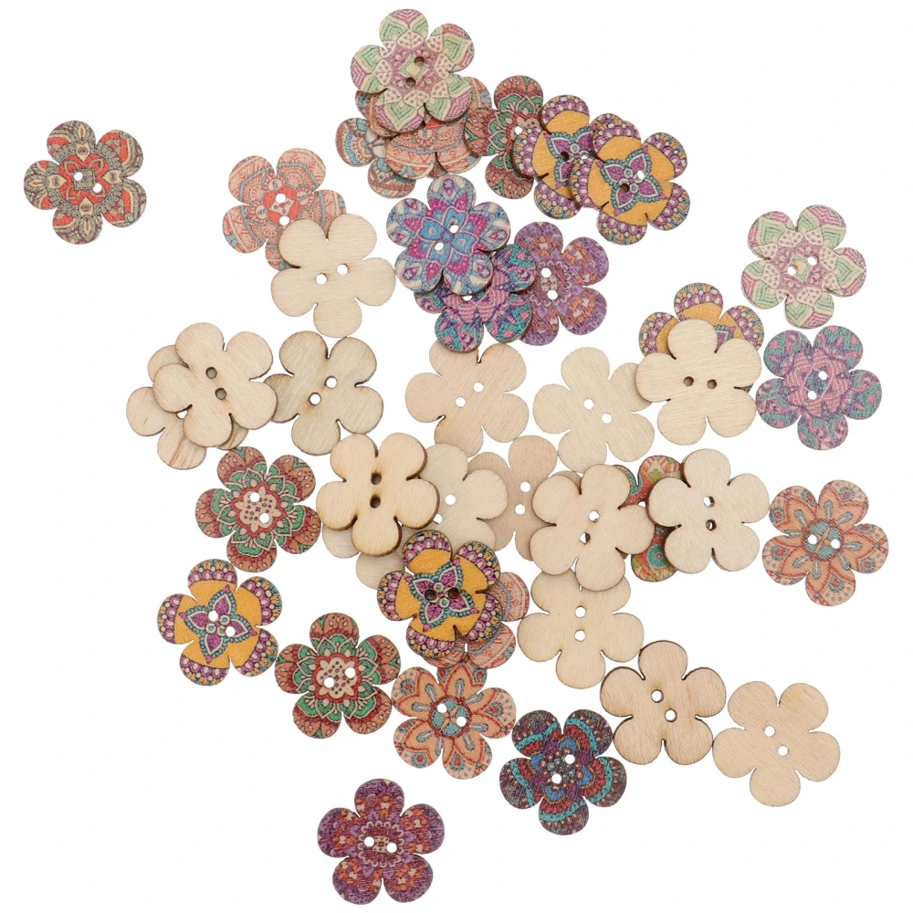 100pcs Wooden Clothes Button DIY Flower Shaped Buttons Colored Drawing Button