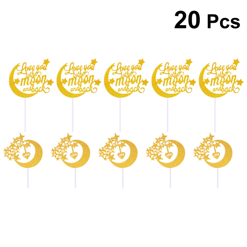 20 Pcs Pentagram Moon Shaped Glitter Paper Cake Toppers English Letter Cake Decorating Cake Inserts Pasture Cake Pics for Birthday Party