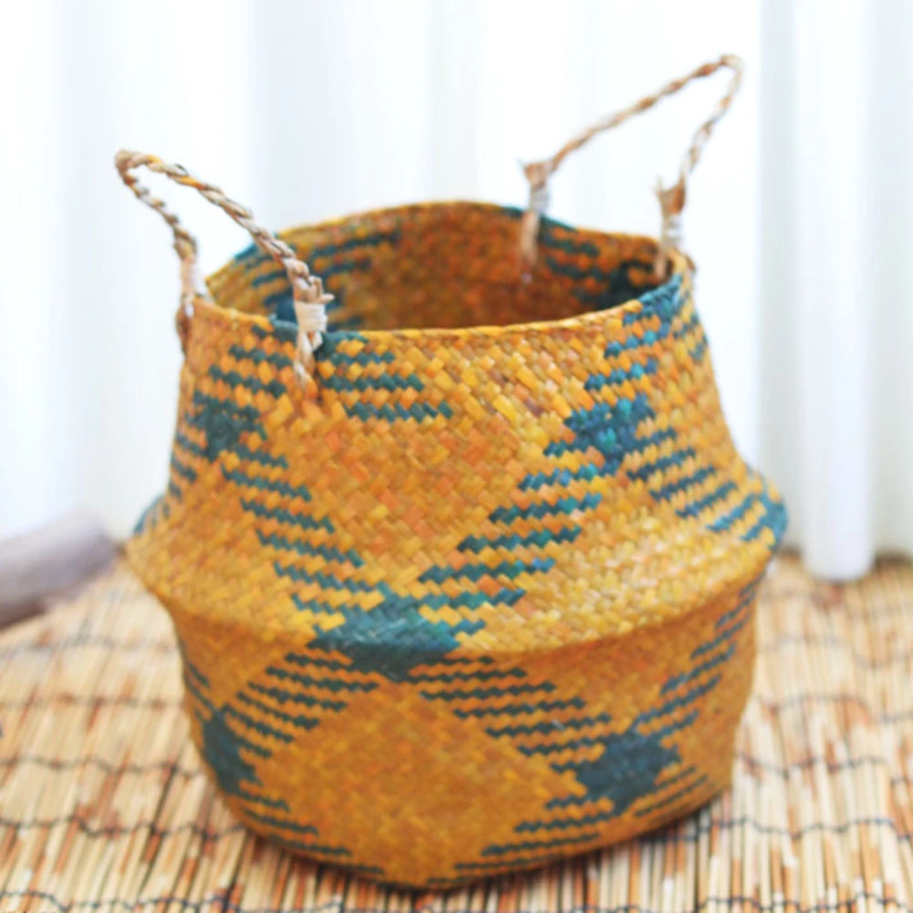 Creative Seaweed Weaving Basket Foldable Storage Baskets Dirty Clothes Casket Size L Yellow