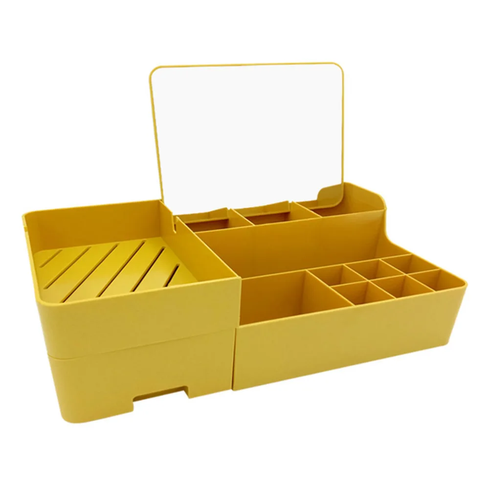 1pc Cosmetic Storage Box Multifunction Cosmetics Container with Mirror (Yellow)