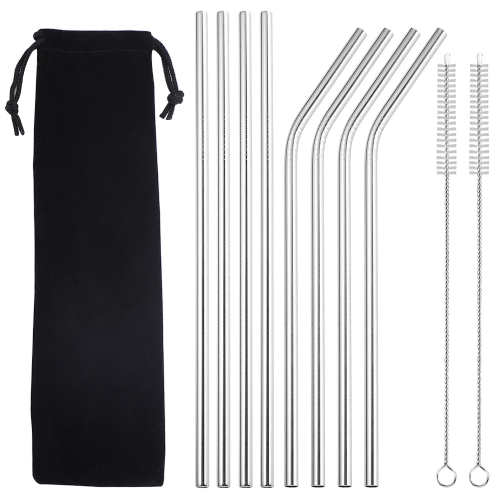 1 Set Stainless Steel Straw Portable Travel Safe Reusable Drinking Straws for Outdoor Home Barbecue Camping (8pcs Silver Straw and 2pcs Brush Black Bag)