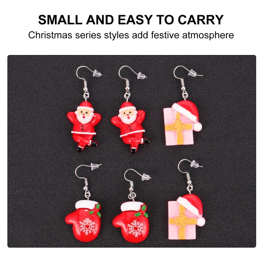 3 Pairs Christmas Theme Resin Earrings Lovely Cartoon Eardrops for Women Girls