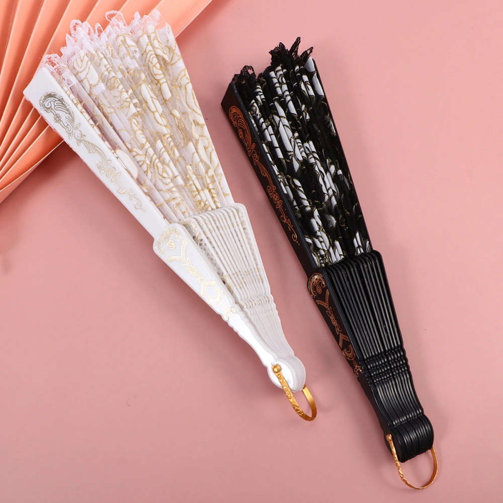 2pcs Lace Folding Fan Creative Foldable Fan Delicate Unique Ornament Adornment Fan Small Present for Women Female (Black + White)