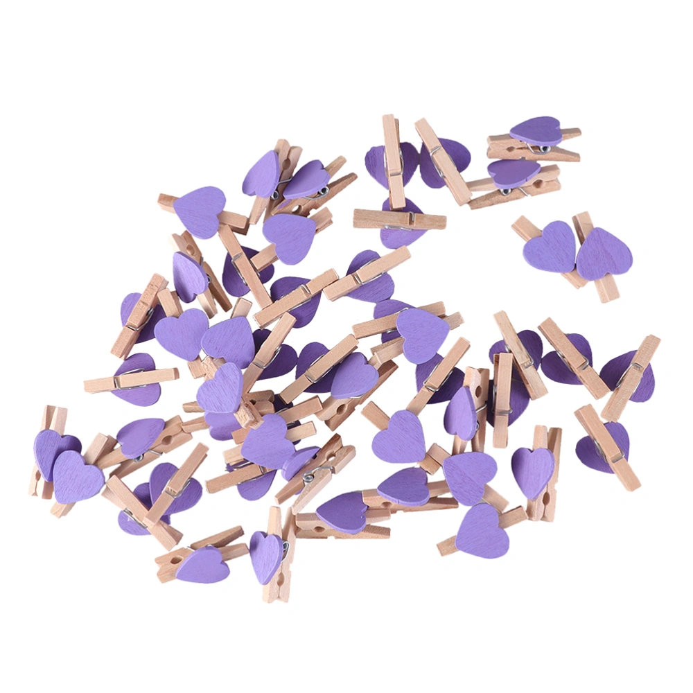 100Pcs Decorative Paper Clips Colorful Wooden Craft Clamp Love Shaped Photo Holder for Home Party(Purple)