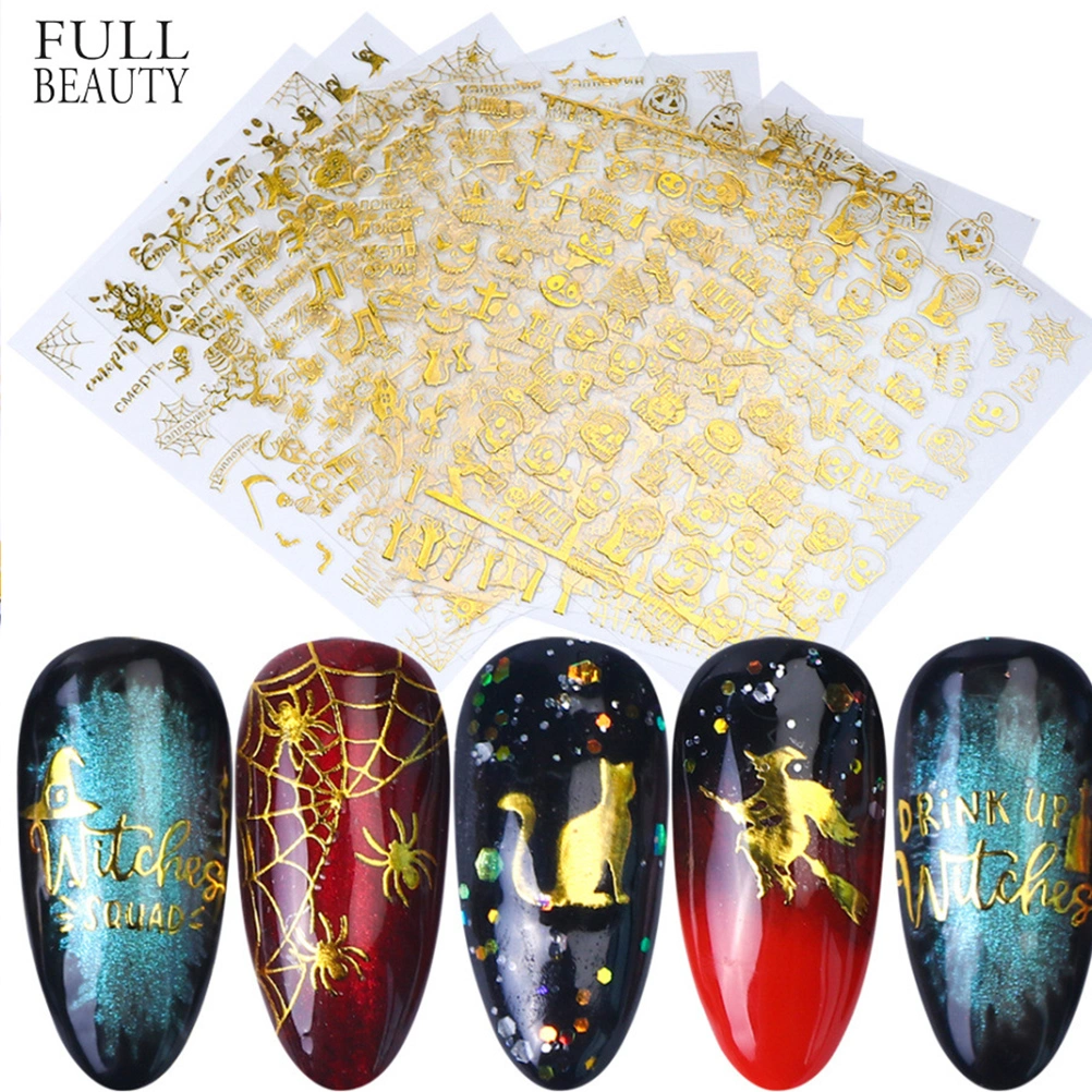 5Pcs Skull Pattern Nail Decals Halloween Themed Nail Sticker Golden Nail Patch Nail Art Stickers Manicure for Girls Ladies Women