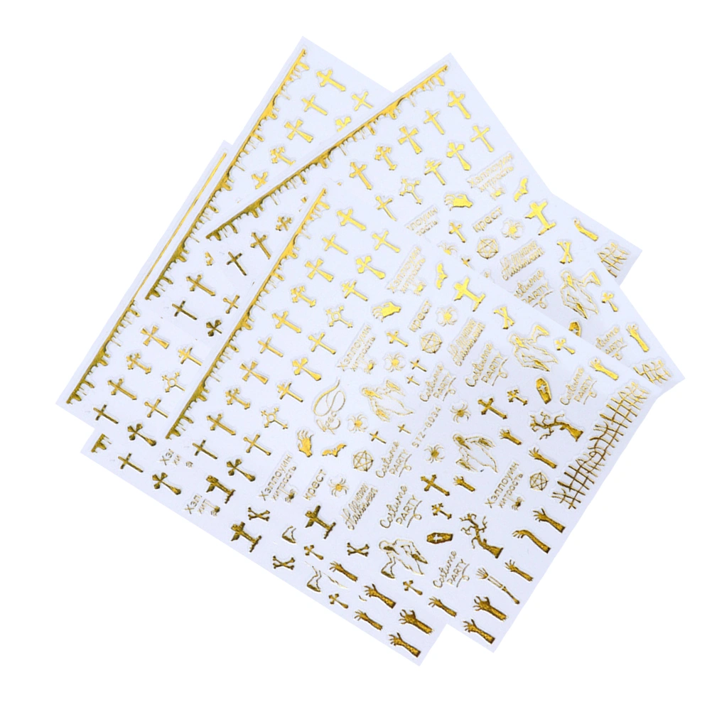 5Pcs Skull Pattern Nail Decals Halloween Themed Nail Sticker Golden Nail Patch Nail Art Stickers Manicure for Girls Ladies Women