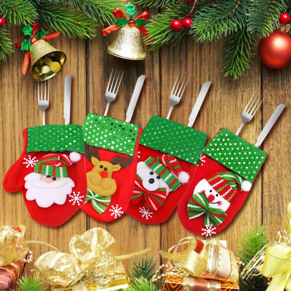 4pcs Christmas Cutter and Fork Bags Sock Shaped Tableware Silverware Holder Candy Gift Bag (Santa Claus + Snowman + Elk + Little Bear)