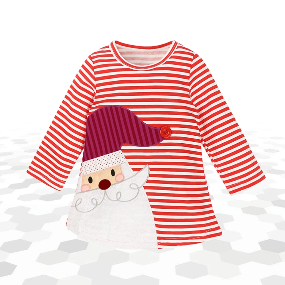 1Pc Kid Girl Christmas Dress Pure Cotton Stripes Long Sleeves Dress Unique Santa Claus Pattern One-piece Dress (Size 110)