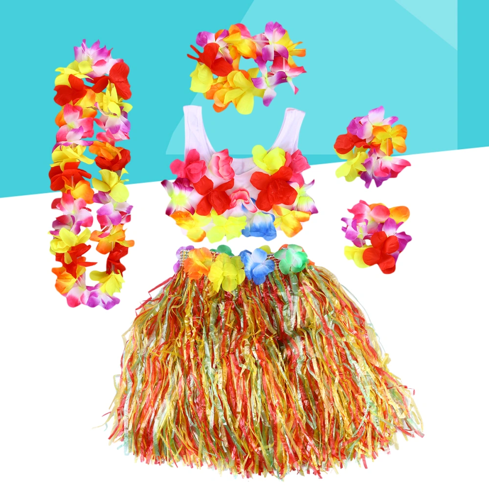 6Pcs Hawaii Tropical Hula Grass Dance Skirt Kids Flower Leis Bracelets Headband Necklace Bra Set 40cm (Colorful Skirt)