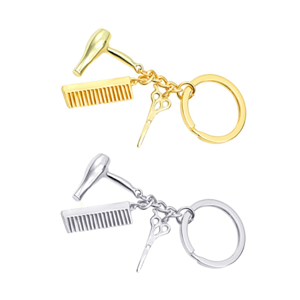 2pcs Key Chain Hair Dryer Combs Scissors Pendant Keychain Hanging Ornament Gifts (Golden and Silver)