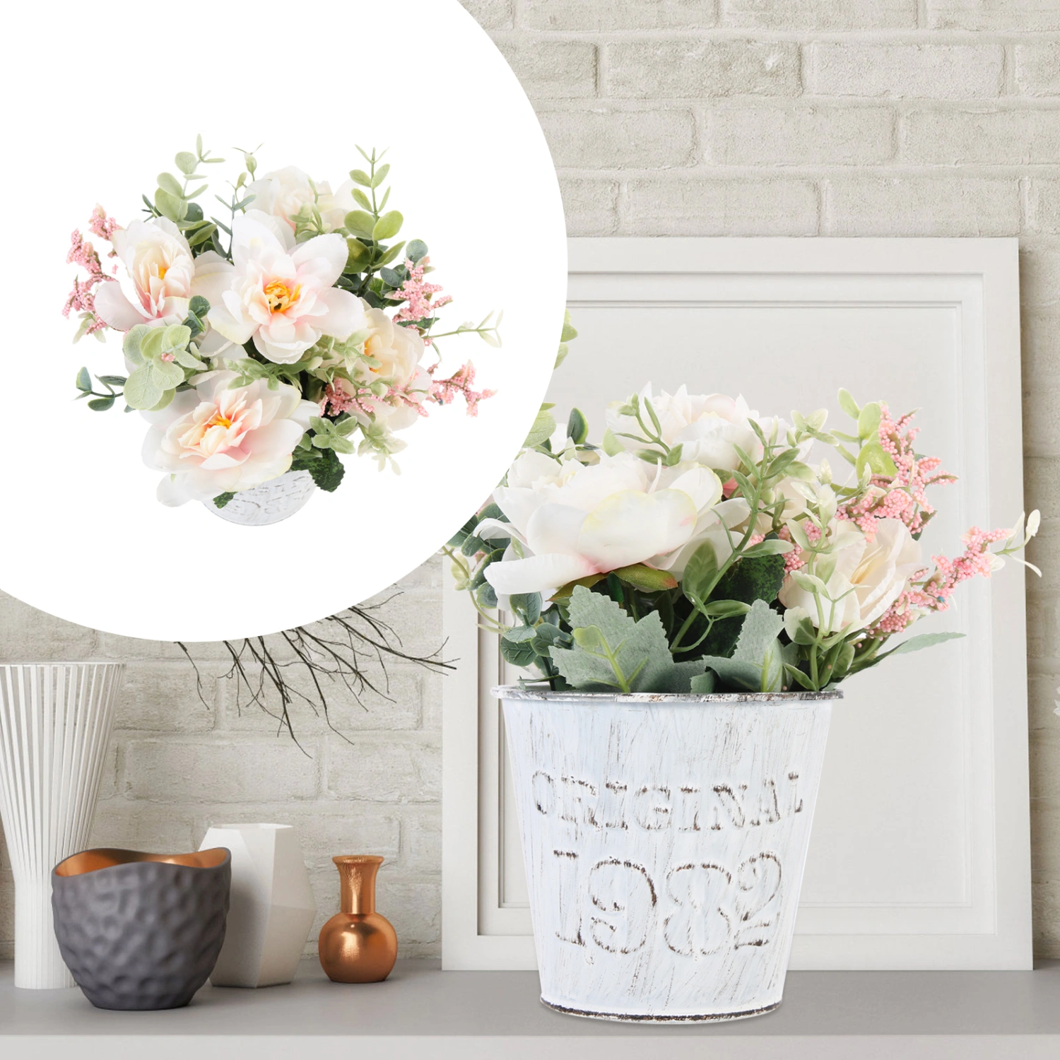 1set Artificial Flowers Faux Silk Flowers Iron Potted Home Faux Wildflowers Centerpiece