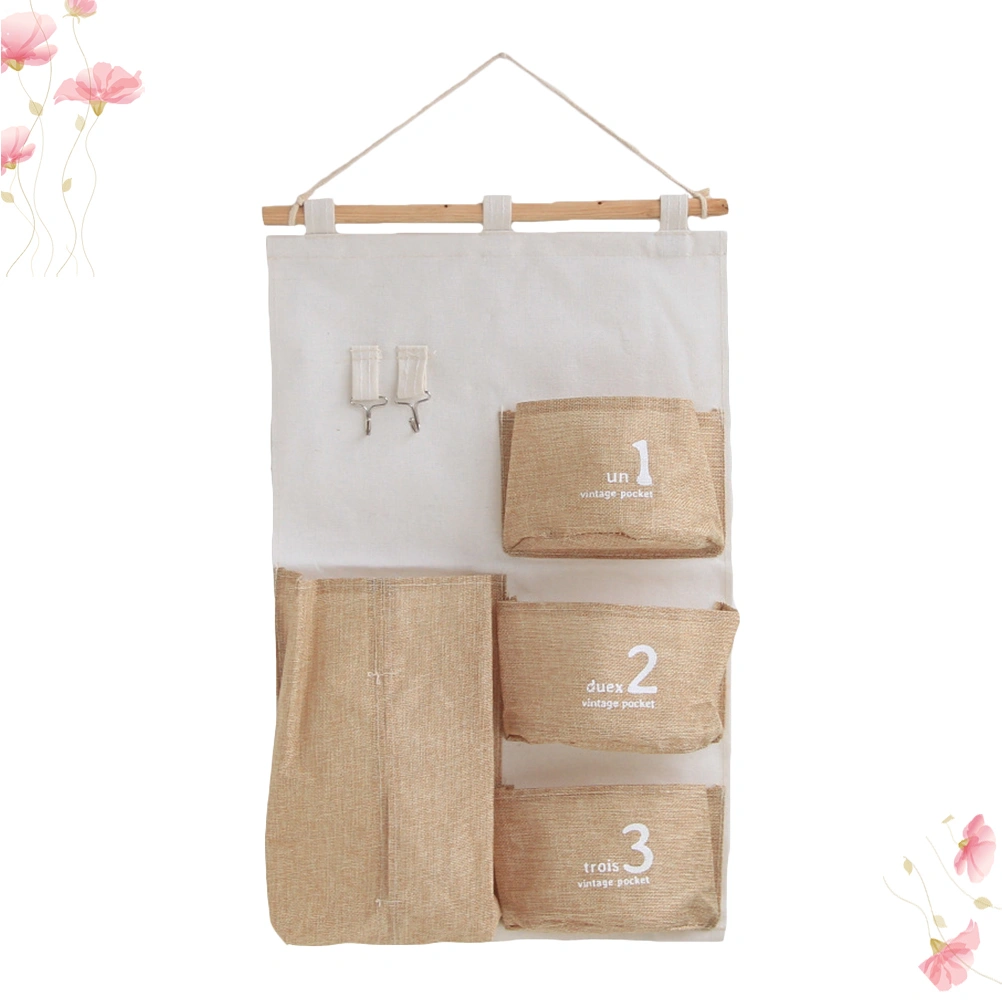 Linen Cotton Wall Muitiple Pockets Storage Bag Door Back Hanging Sundries Cloth Organizer for Home Decor (Beige)