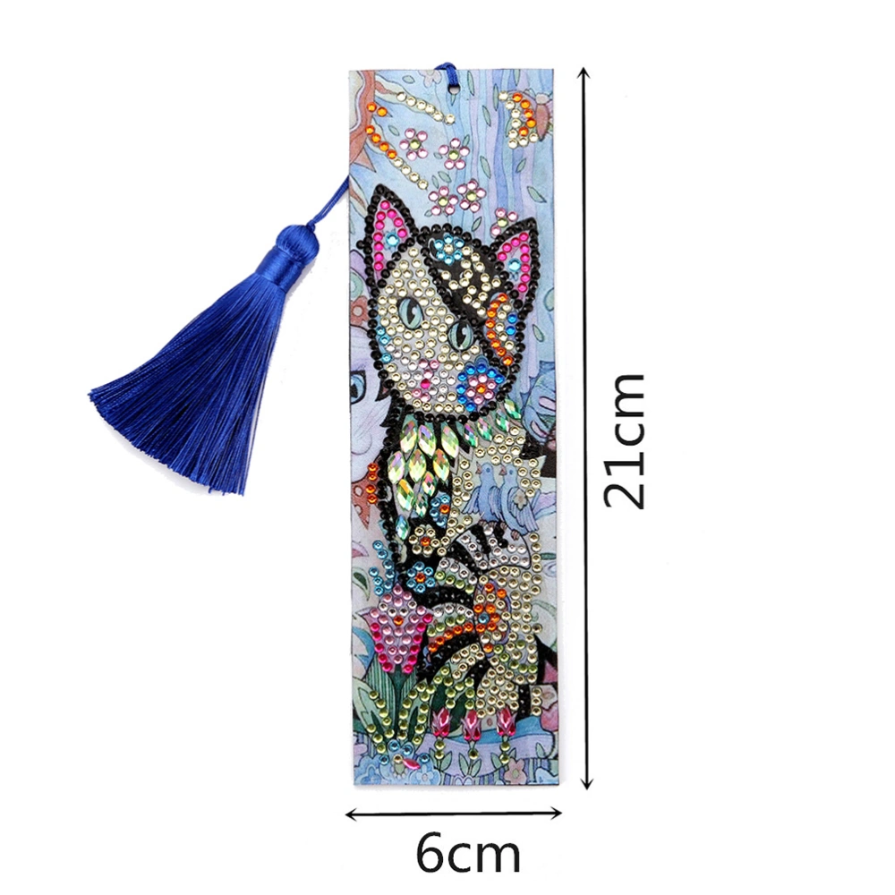 Cat Pattern DIY Rhinestone Painting Book Page Mark Beads Painting Handmade Bookmark Art Craft Decor with Tassel for Books School Office Supplies