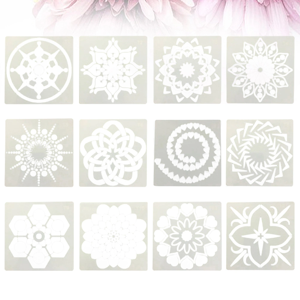 12pcs Mandala Stencils Painting Template Hollow Out Stencils for Art Craft Decorations Painting Tool Stencil Set (White)