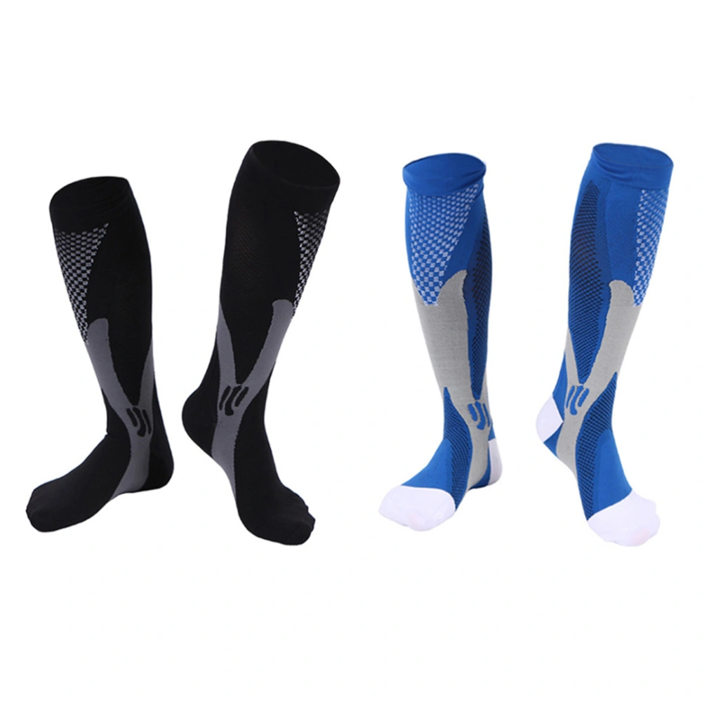 2 Pairs Women Men Compression Socks Knee High Stocking High Elastic Sports Athletic Running Socks for Exercise Soccer Ball -  Size L/XL(Black & Blue)