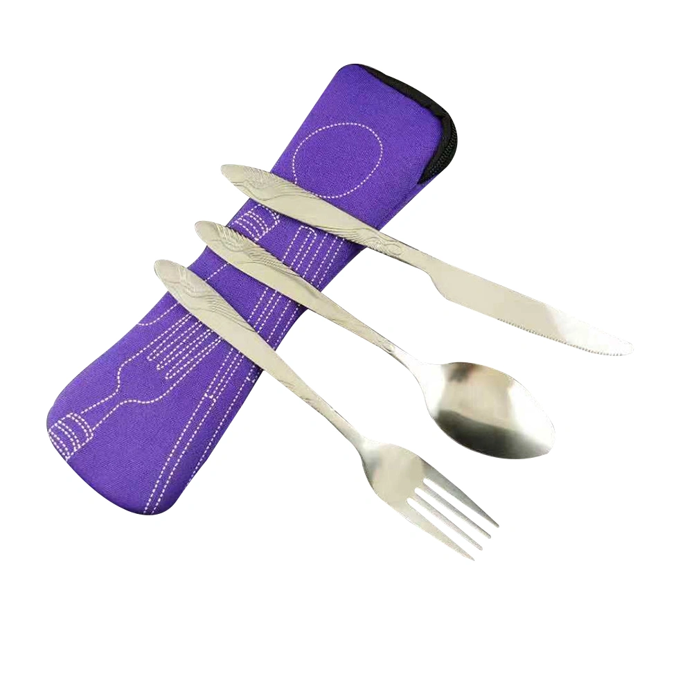 3 PCS Stainless Steel Tableware Set Portable Travel Spoon Fork Silverware Set Lightweight Travel/Camping Cutlery Set with Cloth Bag (Purple)