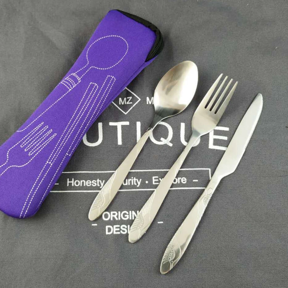 3 PCS Stainless Steel Tableware Set Portable Travel Spoon Fork Silverware Set Lightweight Travel/Camping Cutlery Set with Cloth Bag (Purple)