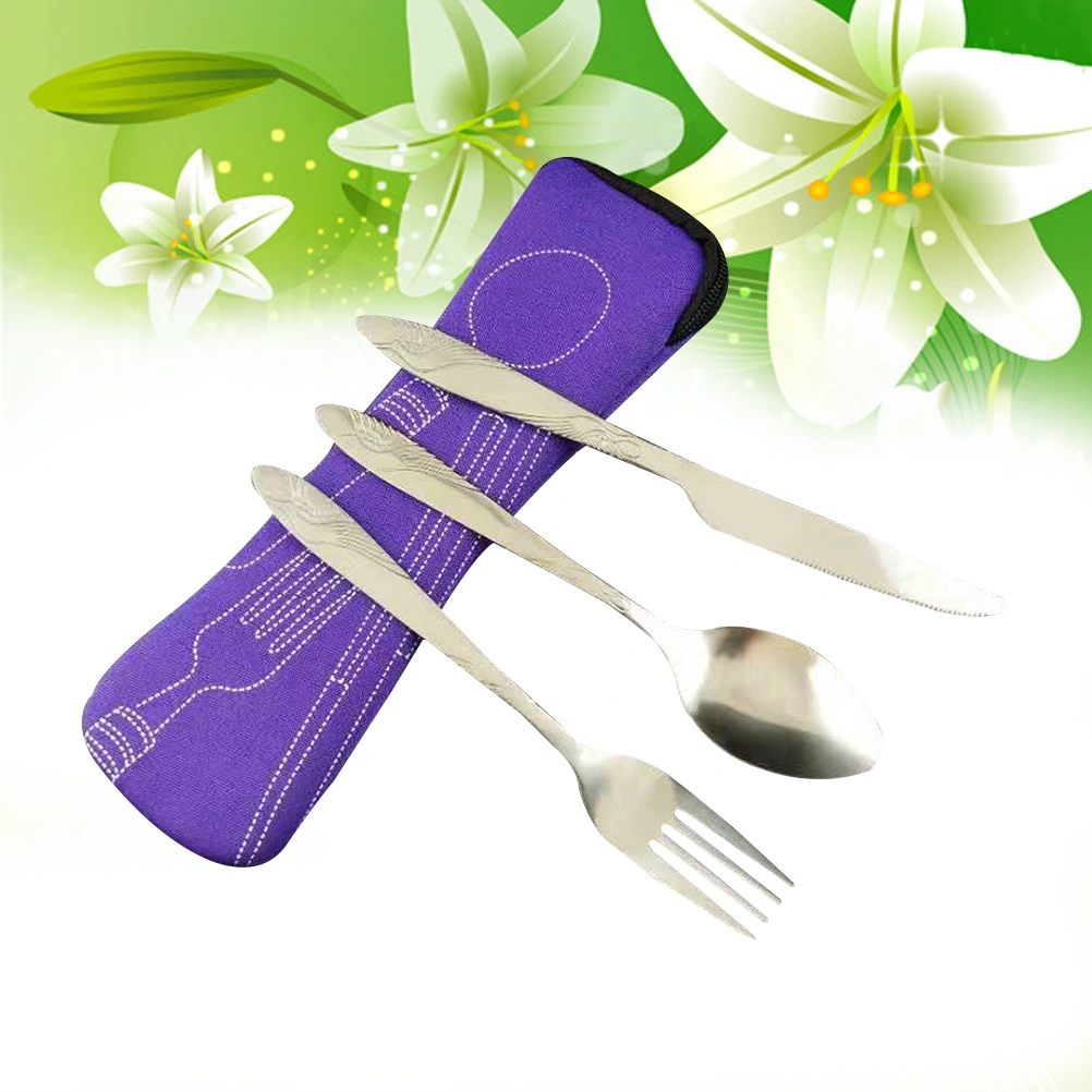 3 PCS Stainless Steel Tableware Set Portable Travel Spoon Fork Silverware Set Lightweight Travel/Camping Cutlery Set with Cloth Bag (Purple)