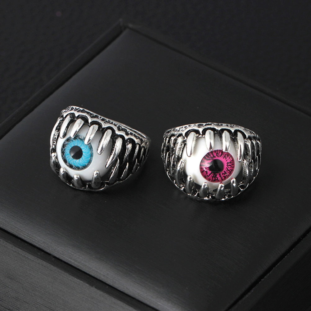 2pcs Men's Dragon Claw Evil Devil Skull Eyeball Ring Gothic Biker Unique Eyes For Halloween (Blue)