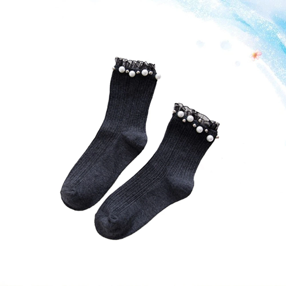 1 Pair Medium Tube Cotton Stocking Japanese Lace Pearl Socks Pile Socks Lady Socks for Student Girl (Dark Grey)