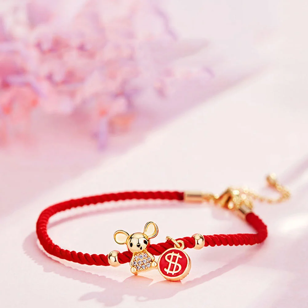 1pc Zodiac Mouse Year Bracelet Wax Cord Bangle Hand Knitting Wristband Gift Hand Chain for Christmas New Year (Money)