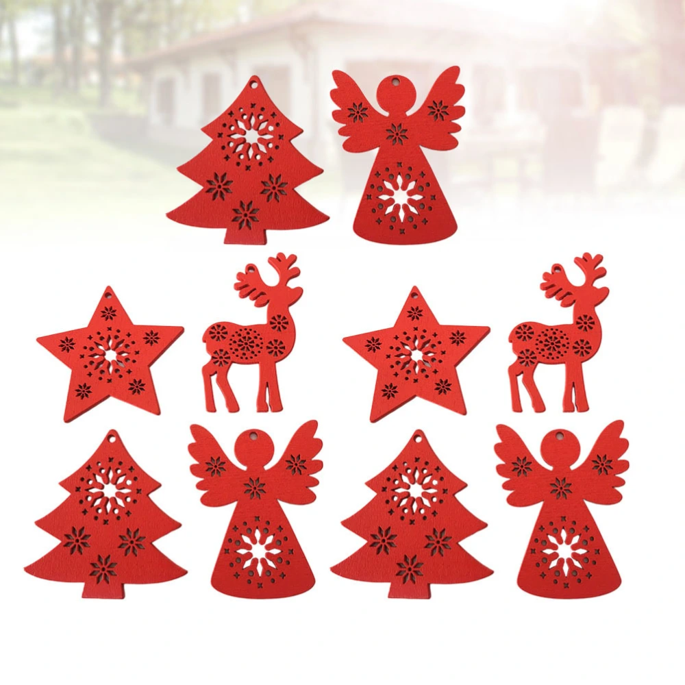 20Pcs Christmas Tree Pendant Wooden Hanging Decoration Home Ornaments Layout Decorative Props Random Style Red