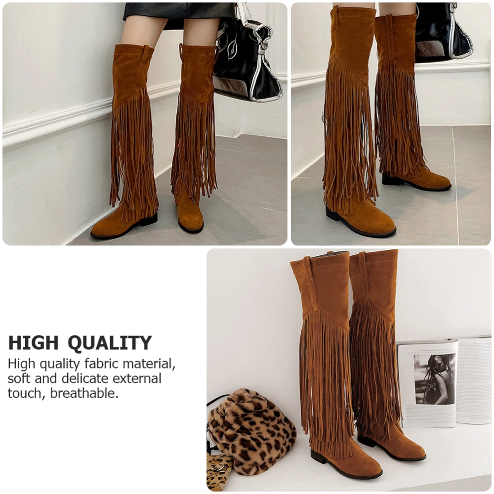 1 Pair Women Winter Fall Long Boots Fashion Low-Heeled High Fringe Boots (42)